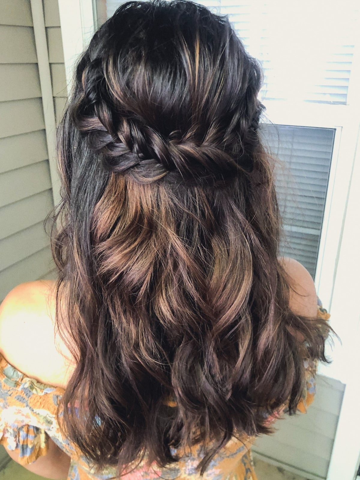 Mid-Back Dark Brown With Caramel Highlights And Braid — Classy Bridesmaid Hairstyles Half Up