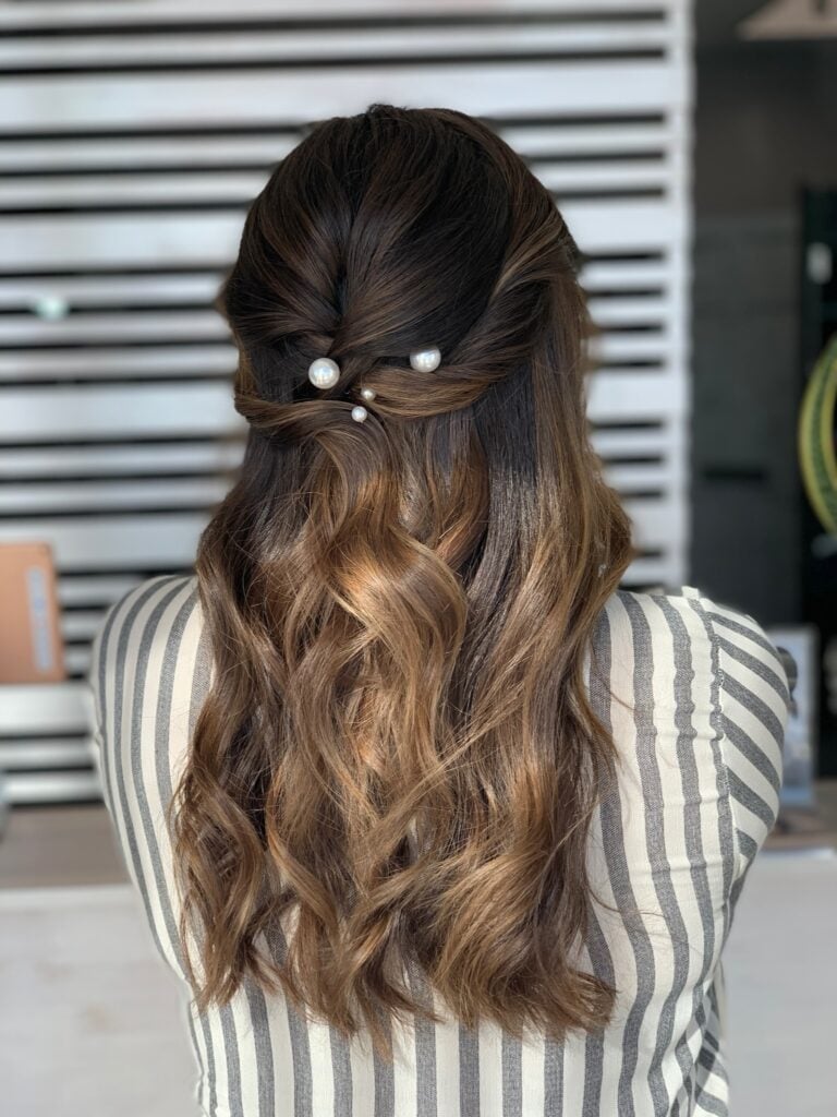 Mid-Back Dark Brown With Caramel Balayage And Pearls, Wavy — Classy Bridesmaid Hairstyles Half Up