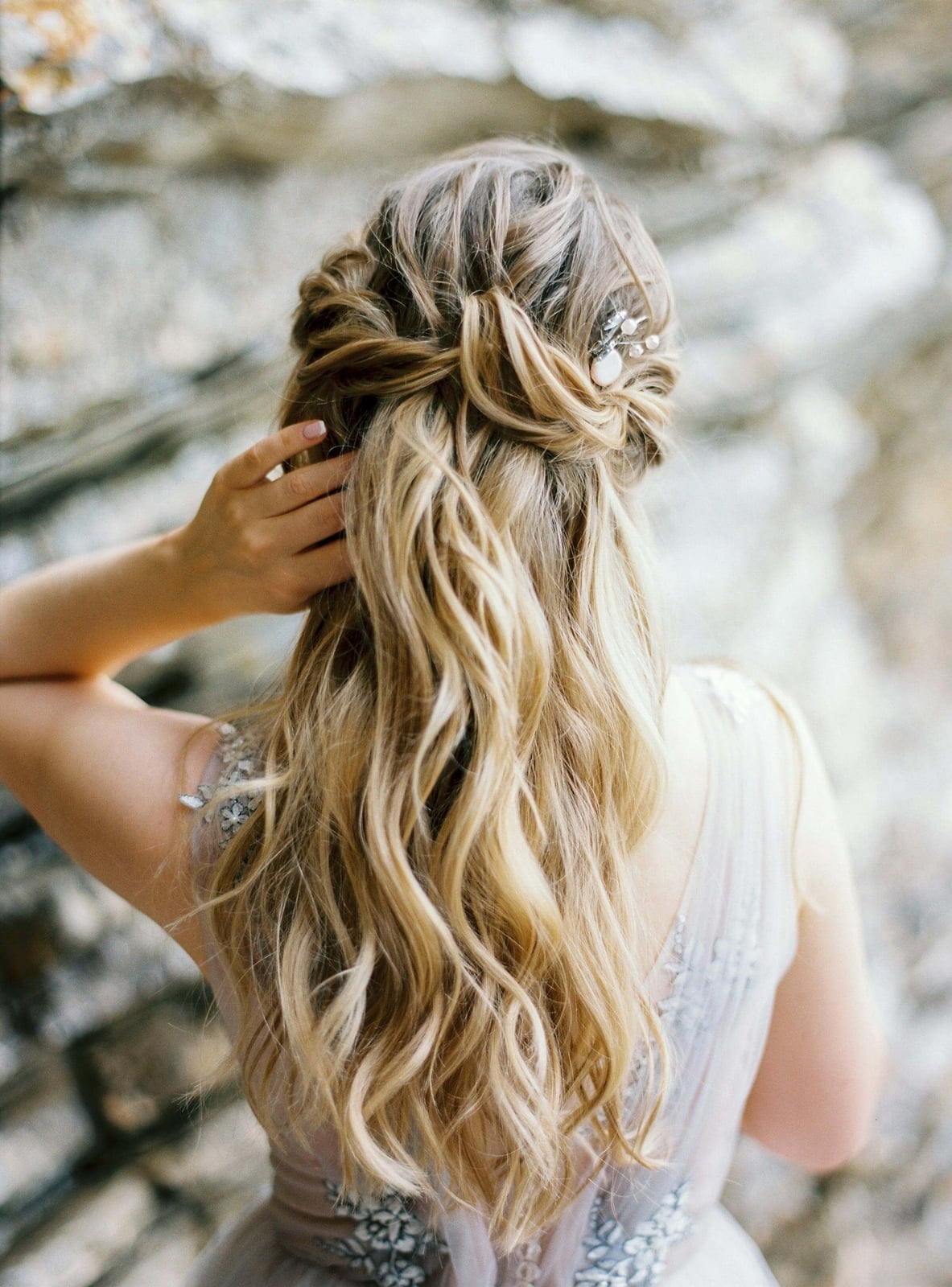 Mid-Back Ash Blonde With Braided Detail And Jewels — Classy Bridesmaid Hairstyles Half Up