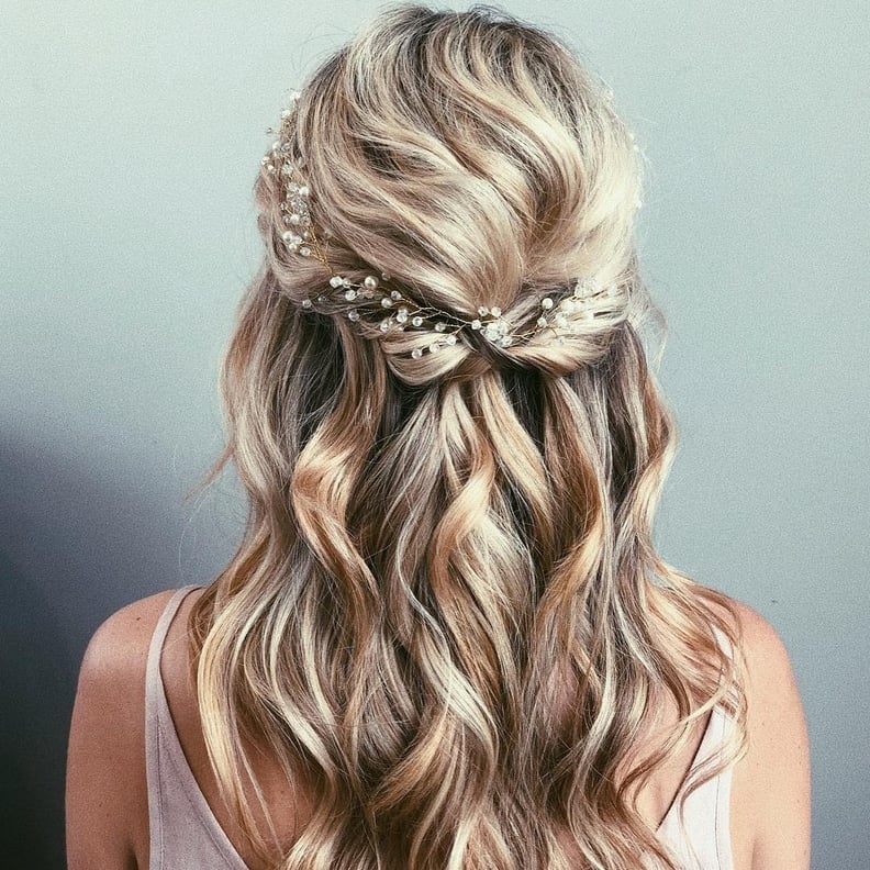 Mid-Back Blonde With Balayage Half Up With Accessory — Classy Bridesmaid Hairstyles Half Up