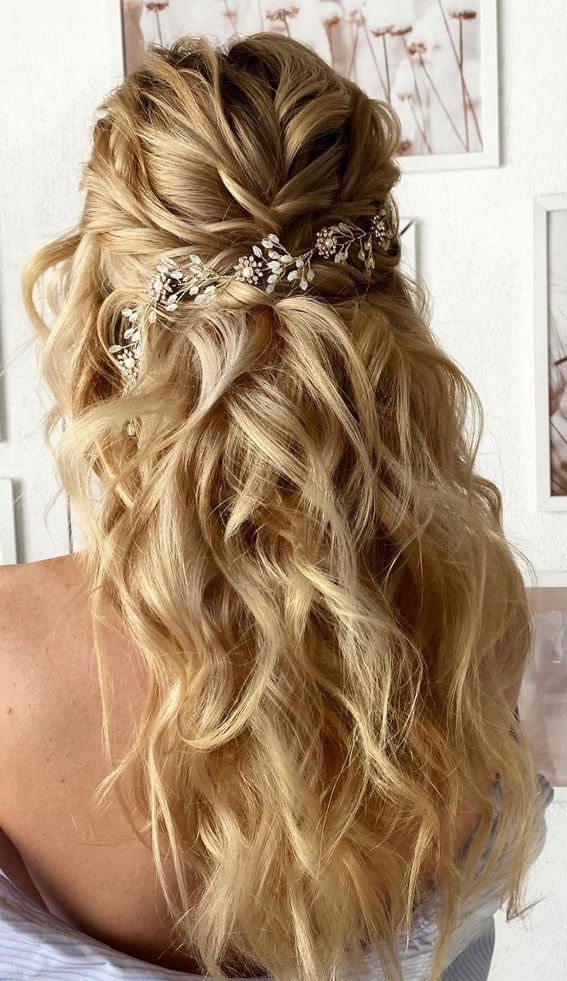 Mid-Back Blonde Half Up With Ornate Accessory, Wavy — Classy Bridesmaid Hairstyles Half Up