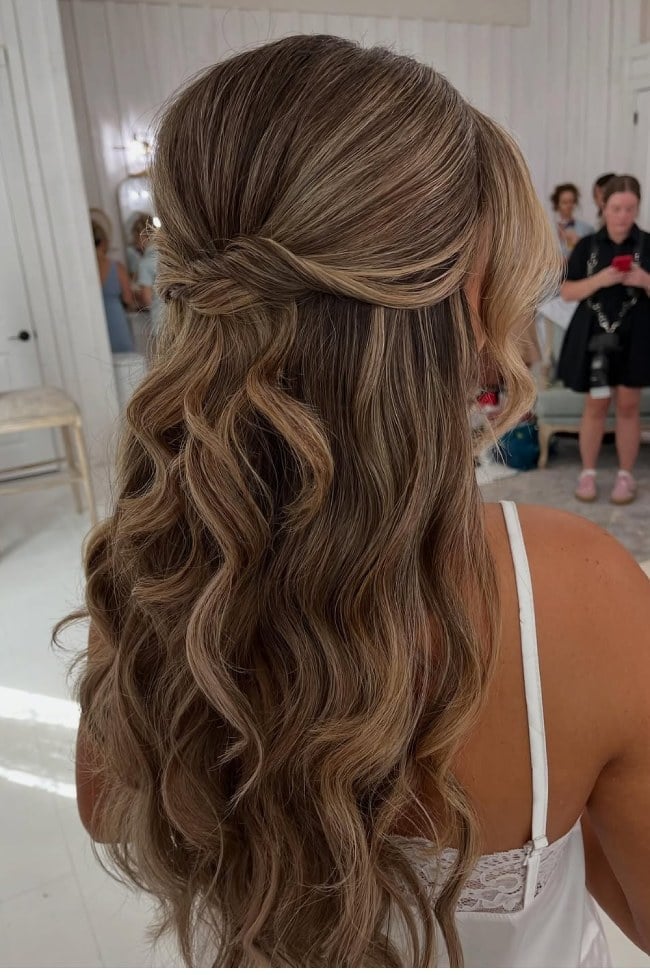 Mid-Back Brunette Half Up With Twisted Knot — Classy Bridesmaid Hairstyles Half Up