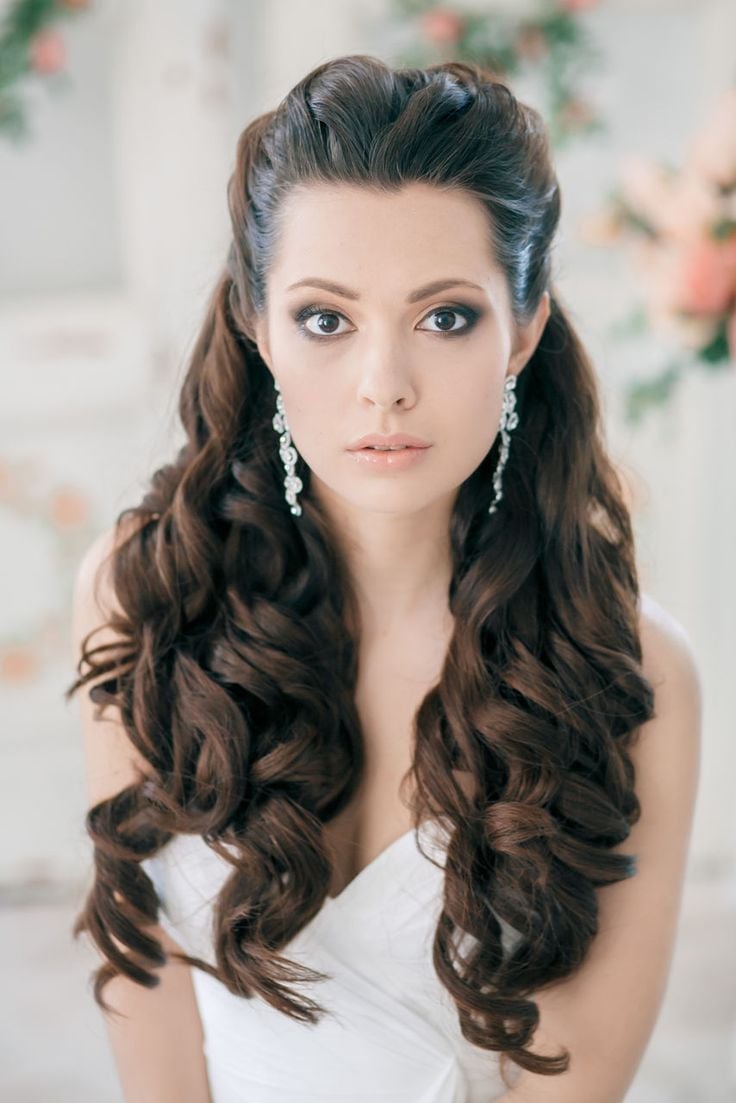 Dark Brown Mid-Back Waves Half Up Style — Classy Bridesmaid Hairstyles Half Up