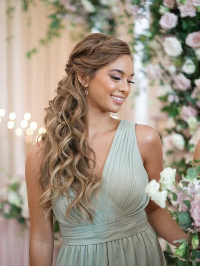 Honey Blonde Mid-Back Curls With Twisted Sections — Classy Bridesmaid Hairstyles Half Up