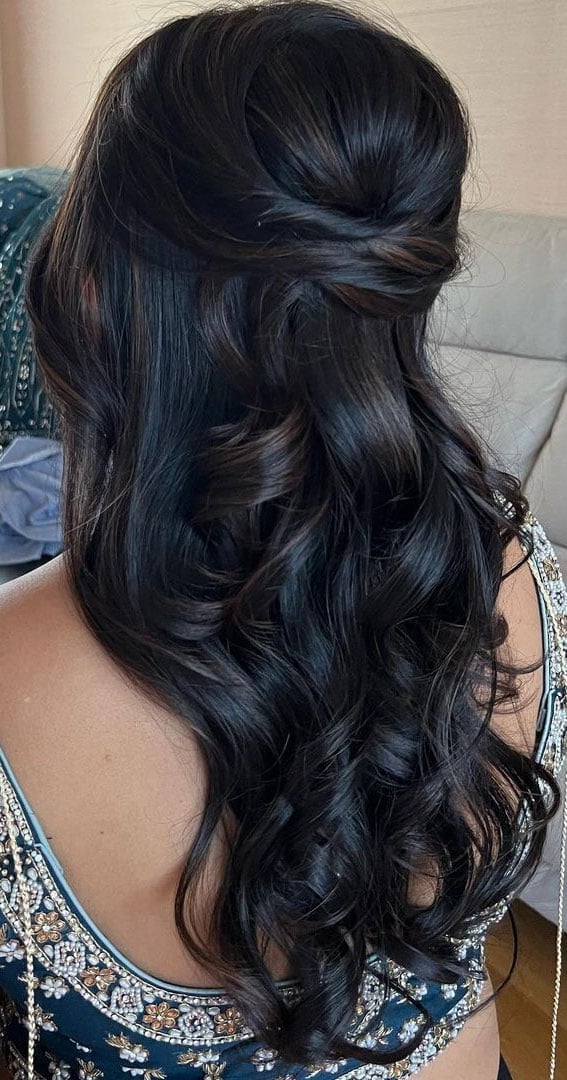 Dark Brown Mid-Back Waves With Auburn Undertones, Wavy — Classy Bridesmaid Hairstyles Half Up