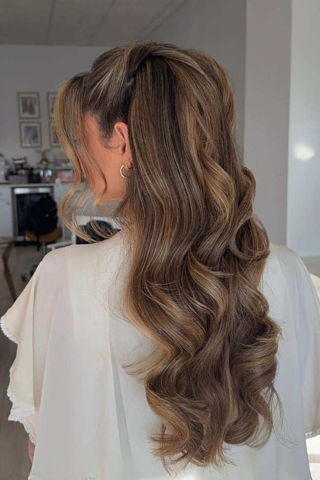 Medium Brown Long Half Up Ponytail With Waves — Classy Bridesmaid Hairstyles Half Up