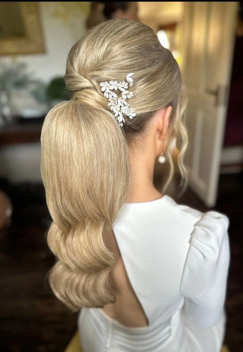 Platinum Blonde Ponytail With Deep Sculpted Waves Platinum Blonde Ponytail With Deep Sculpted Waves — Classy Bridesmaid Ponytail