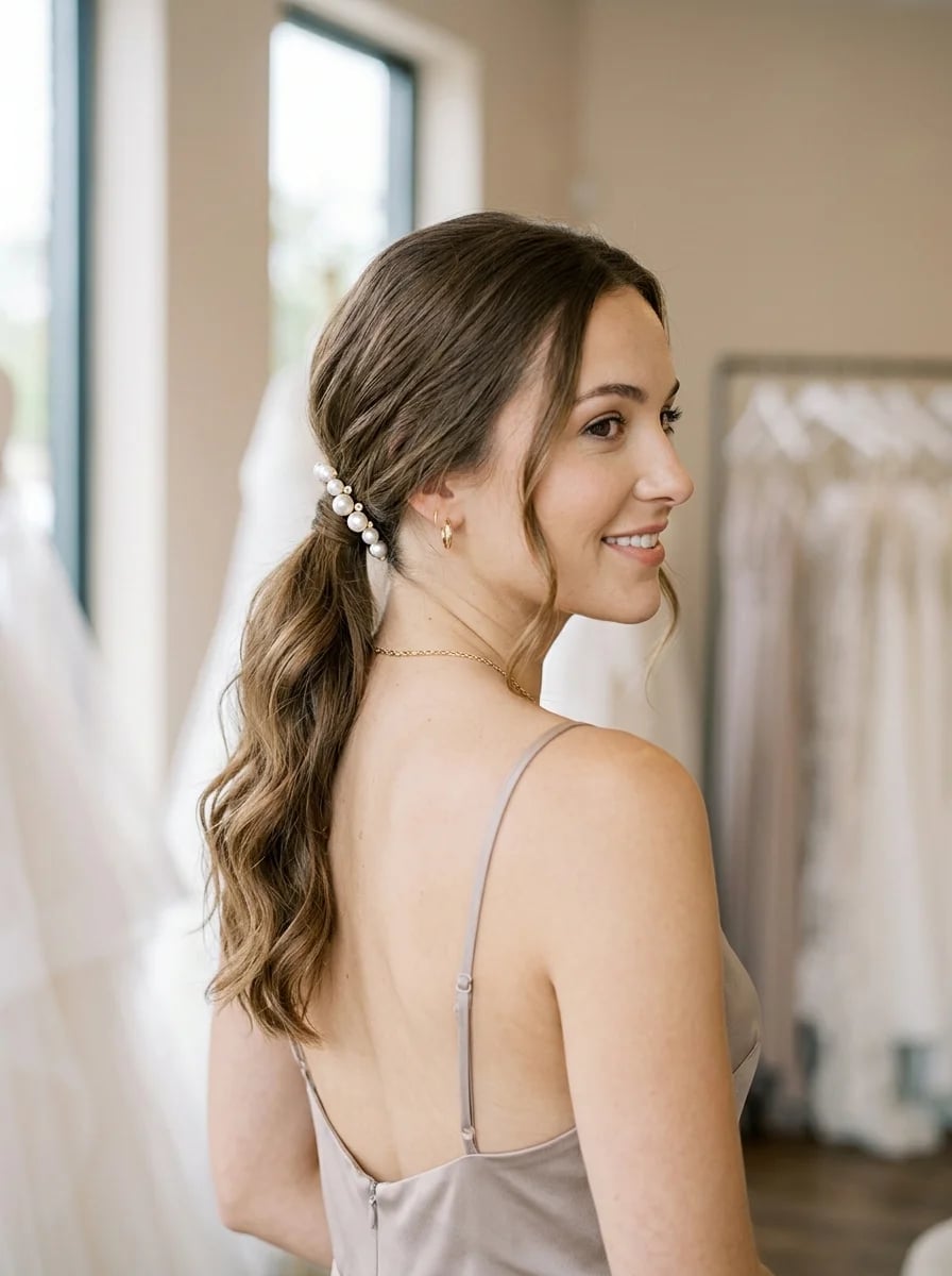 Dark Blonde Ponytail With Pearl Accessory Dark Blonde Ponytail With Pearl Accessory — Classy Bridesmaid Ponytail