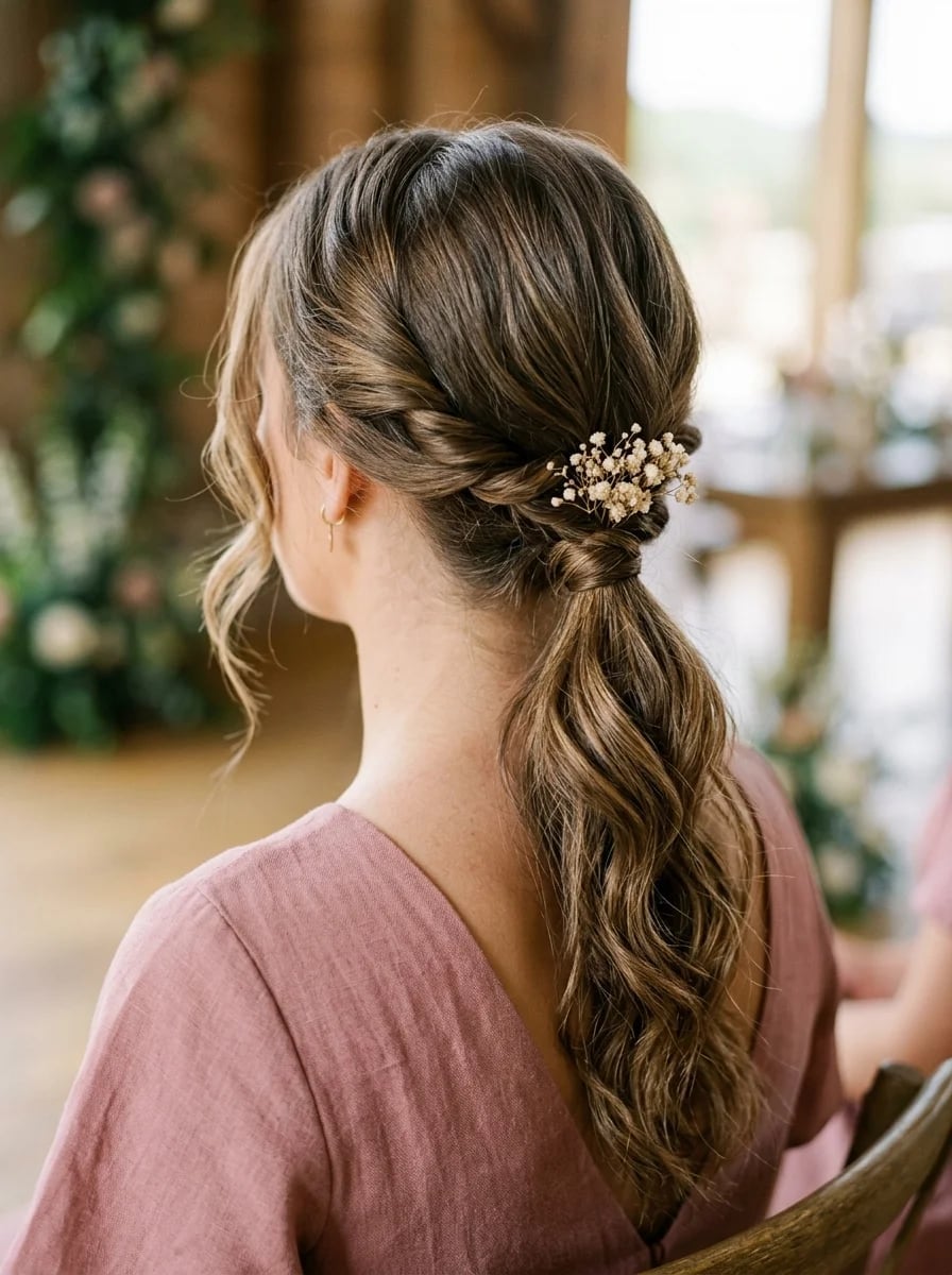 Medium Brown Ponytail With Balayage And Braids Medium Brown Ponytail With Balayage And Braids — Classy Bridesmaid Ponytail