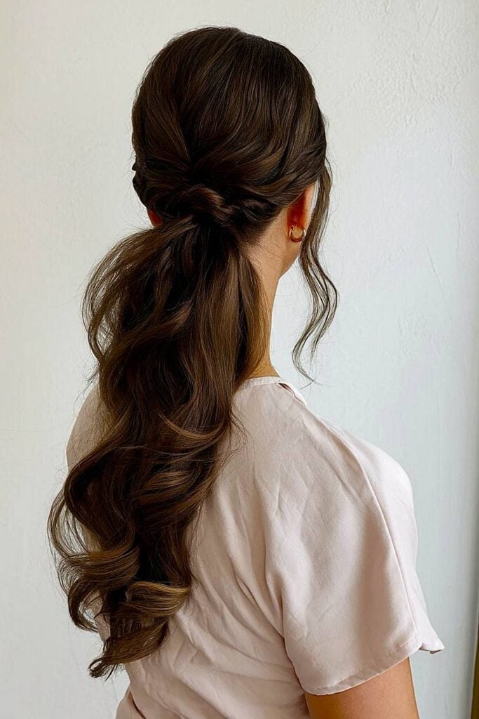 Dark Brown Ponytail With Braids And Caramel Highlights Dark Brown Ponytail With Braids And Caramel Highlights — Classy Bridesmaid Ponytail