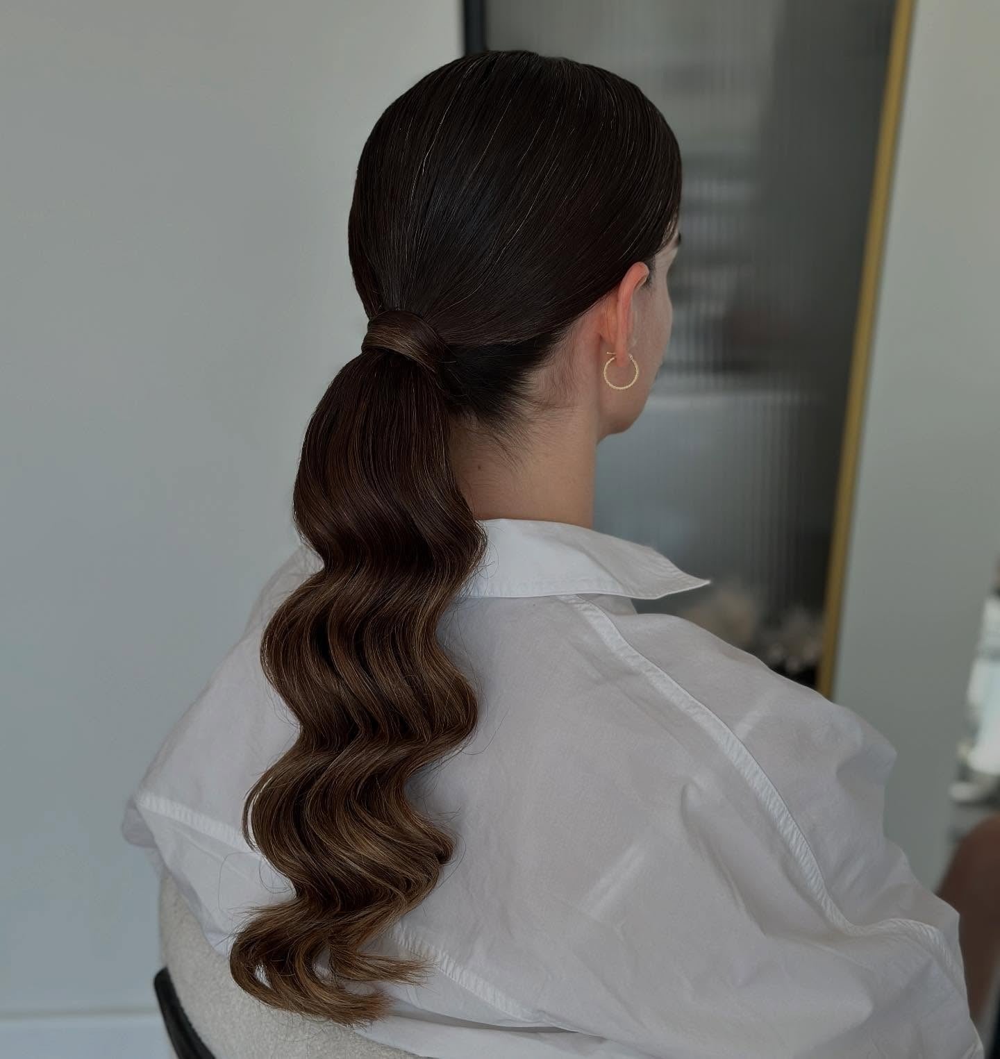 Dark Brown Ponytail With Elegant Hair Tie Dark Brown Ponytail With Elegant Hair Tie — Classy Bridesmaid Ponytail