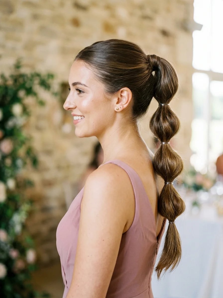 Medium Brown Ponytail With Straight Sleek Finish Medium Brown Ponytail With Straight Sleek Finish — Classy Bridesmaid Ponytail