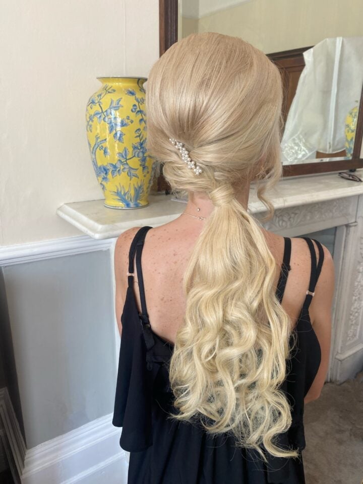 Platinum Blonde Ponytail With Jeweled Clip Platinum Blonde Ponytail With Jeweled Clip — Classy Bridesmaid Ponytail