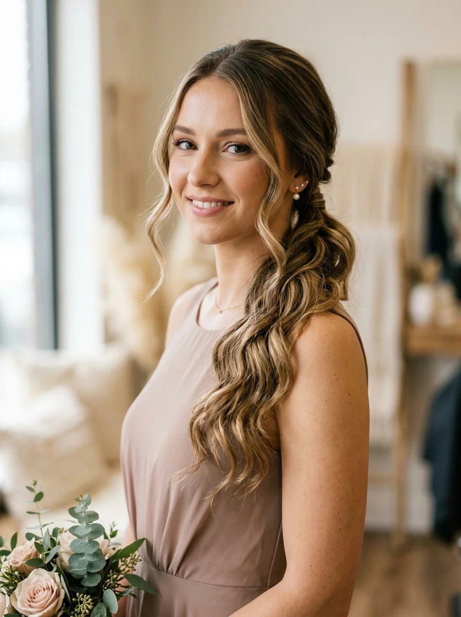 Brown Ponytail With Face Framing Waves And Curtain Bangs Brown Ponytail With Face Framing Waves And Curtain Bangs — Classy Bridesmaid Ponytail