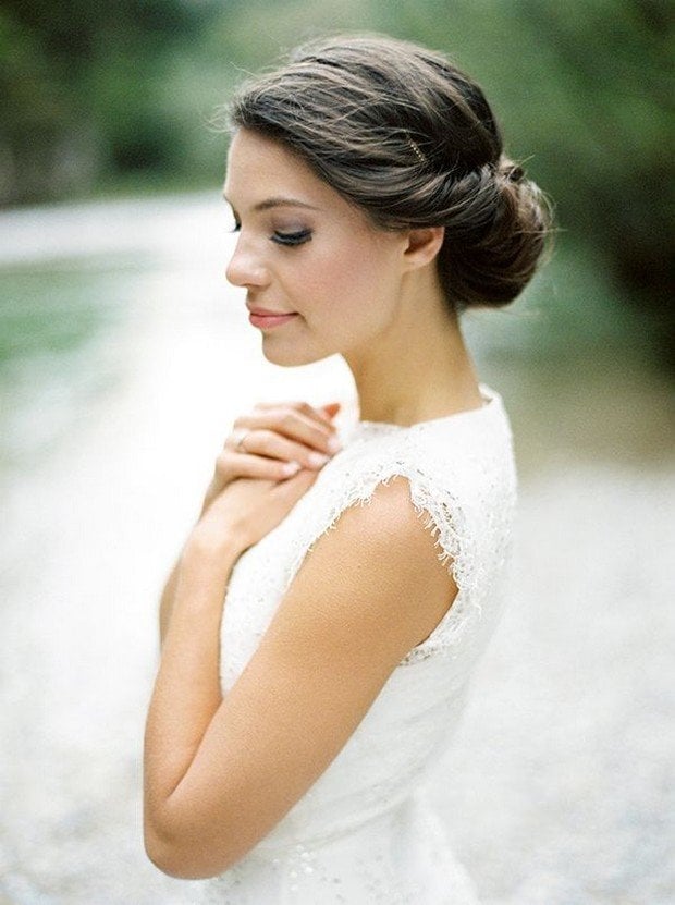 Fine Dark Brown Twisted Bun With Face-Framing Waves Fine Dark Brown Twisted Bun With Face-Framing Waves — Classy Bridesmaid Updos