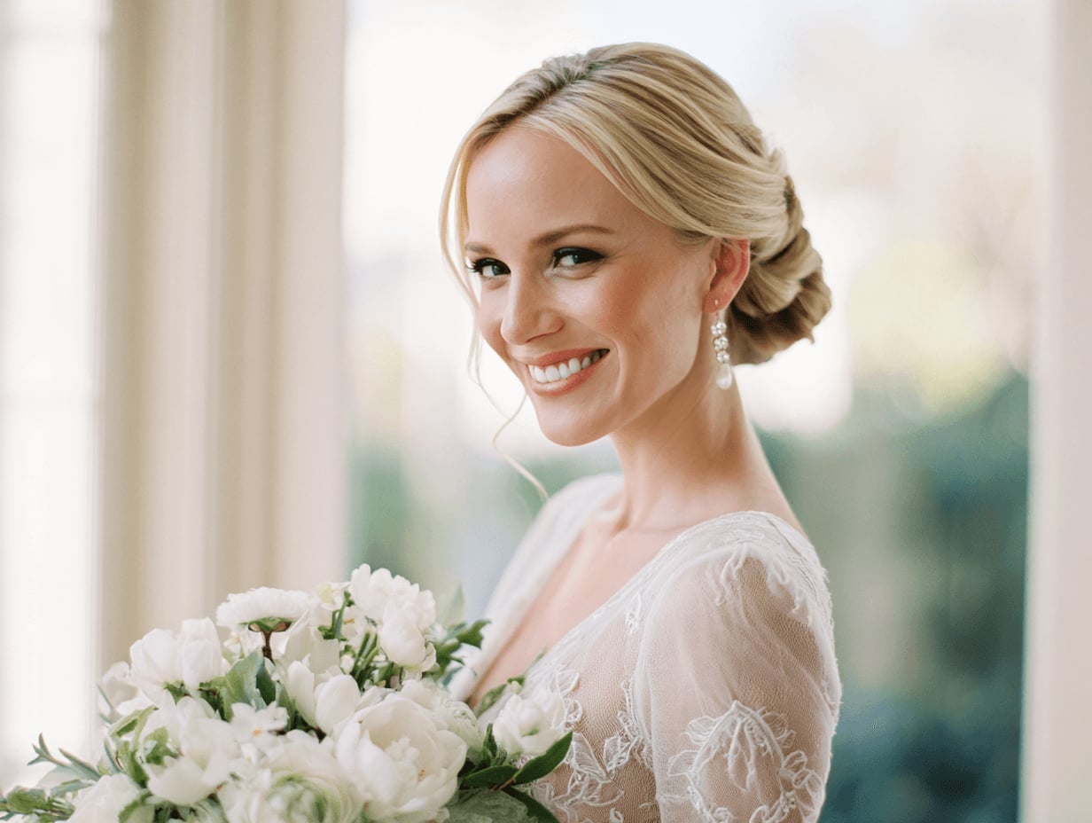 Blonde Soft Chignon With Face-Framing Pieces Blonde Soft Chignon With Face-Framing Pieces — Classy Bridesmaid Updos