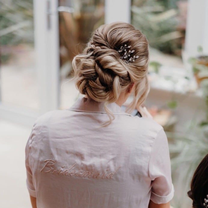 Blonde Braided Updo With Wavy Tendrils Blonde Braided Updo With Wavy Tendrils — Classy Bridesmaid Updos