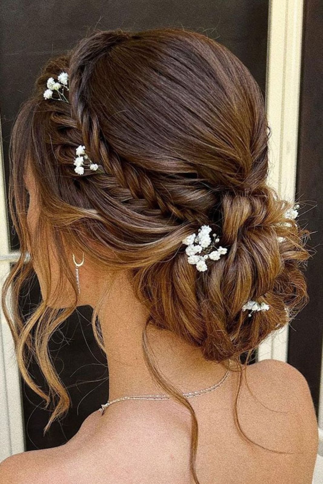 Dark Brown Balayage Braided Updo With Flowers Dark Brown Balayage Braided Updo With Flowers — Classy Bridesmaid Updos