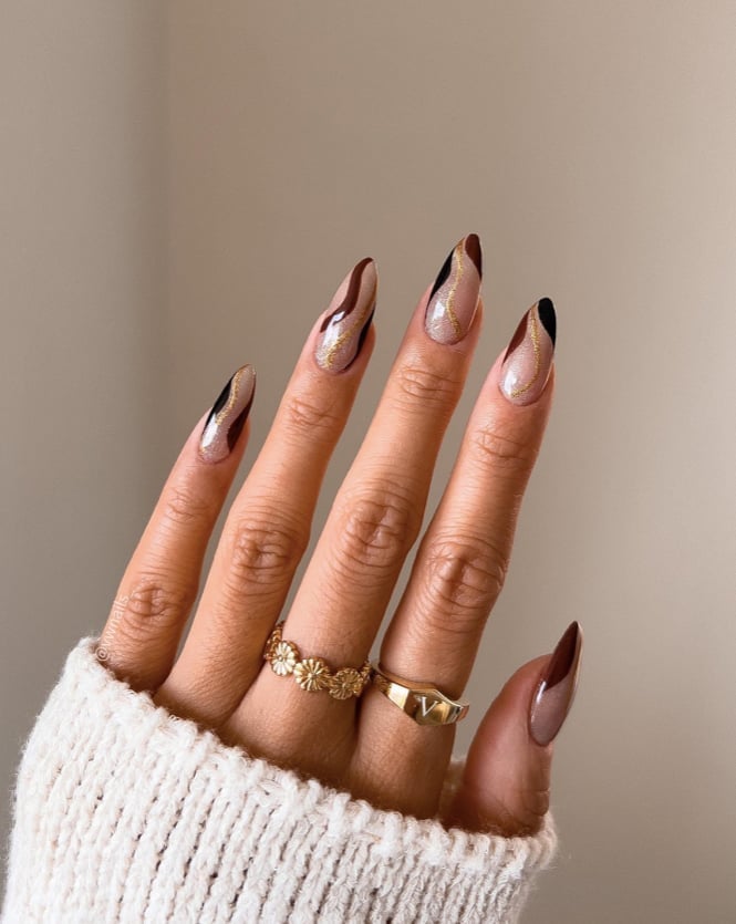 Abstract Swirl Gold Glitter Long Almond Nails Abstract Swirl Gold Glitter Long Almond Nails — Classy Brown Almond Nails