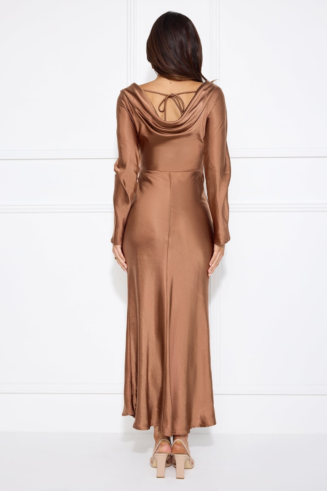 Fitted Maxi Dress With Draped Cowl Back — Classy Brown Dress