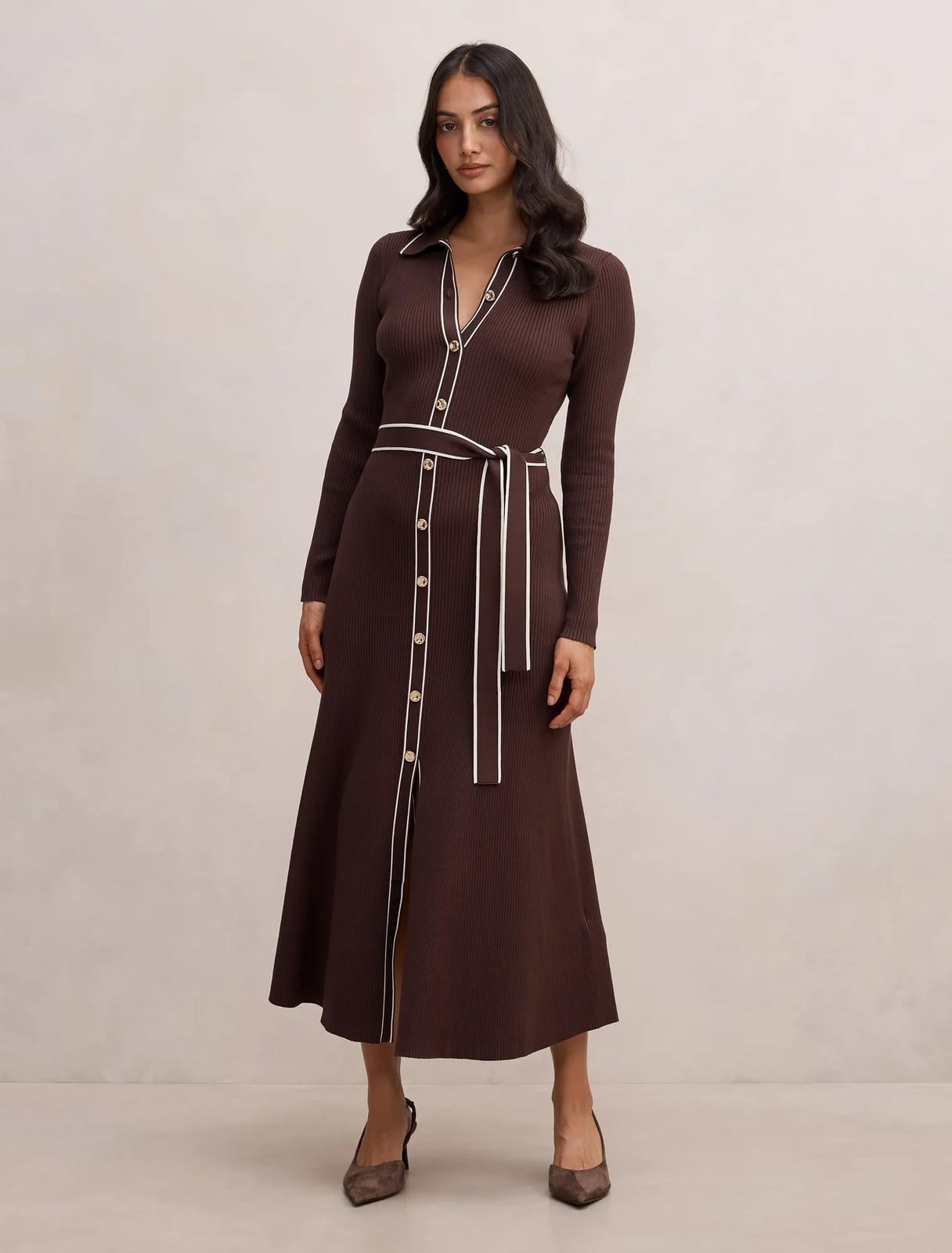 Brown Ribbed Knit Midi Dress With Collared Neckline — Classy Brown Dress