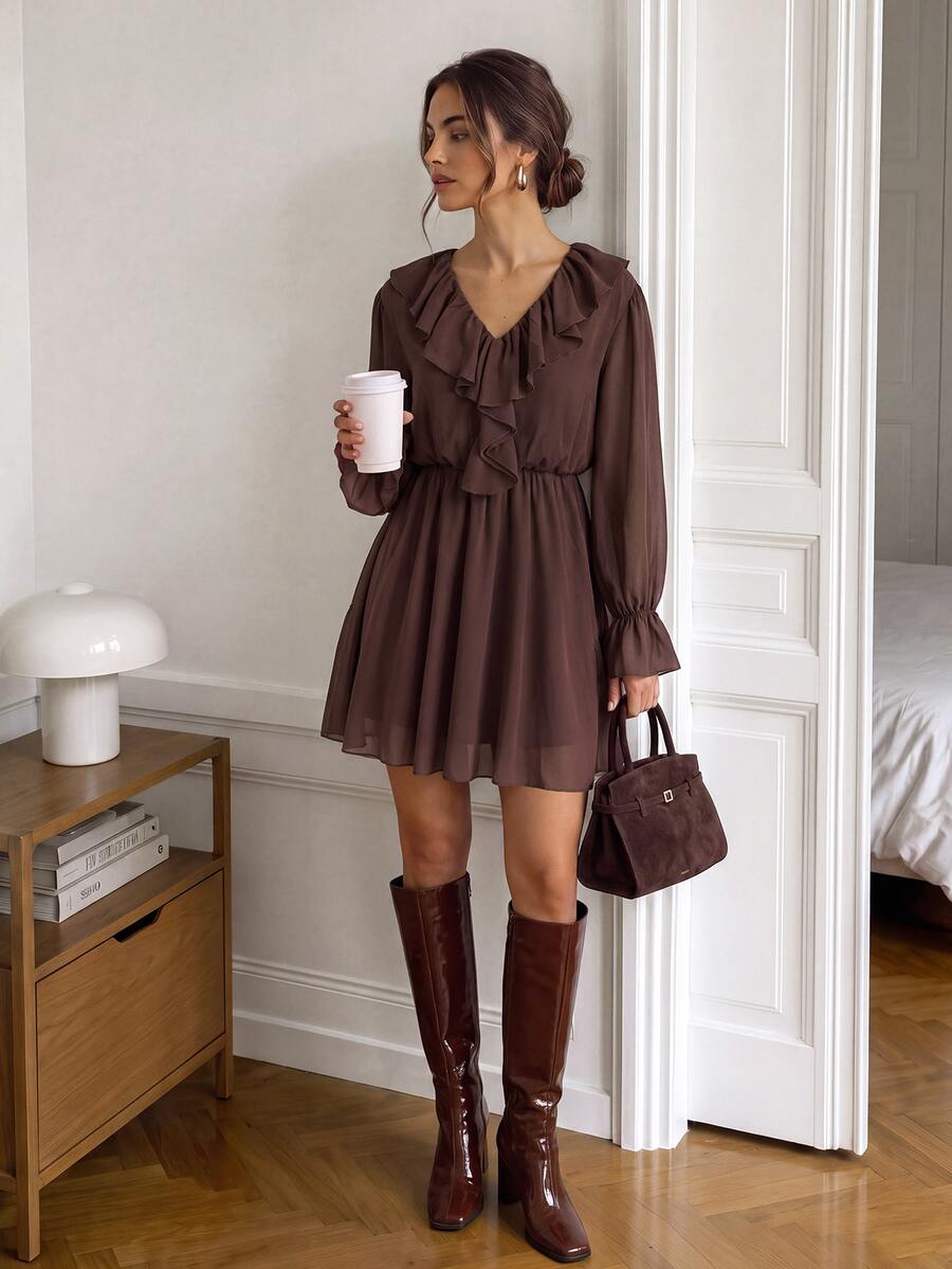 Mocha Brown Chiffon Mini Dress With Ruffle Detail — Classy Brown Dress