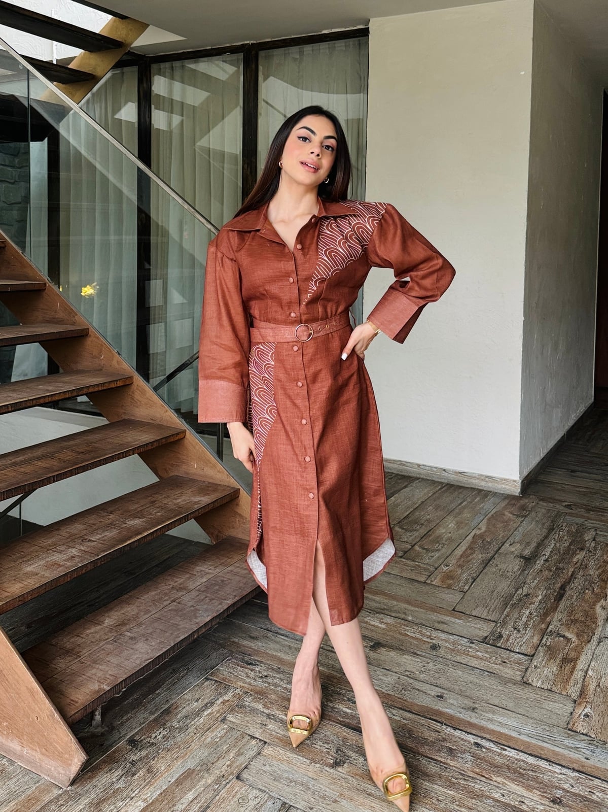 Long Sleeve Linen Shirt Dress With Printed Panels — Classy Brown Dress