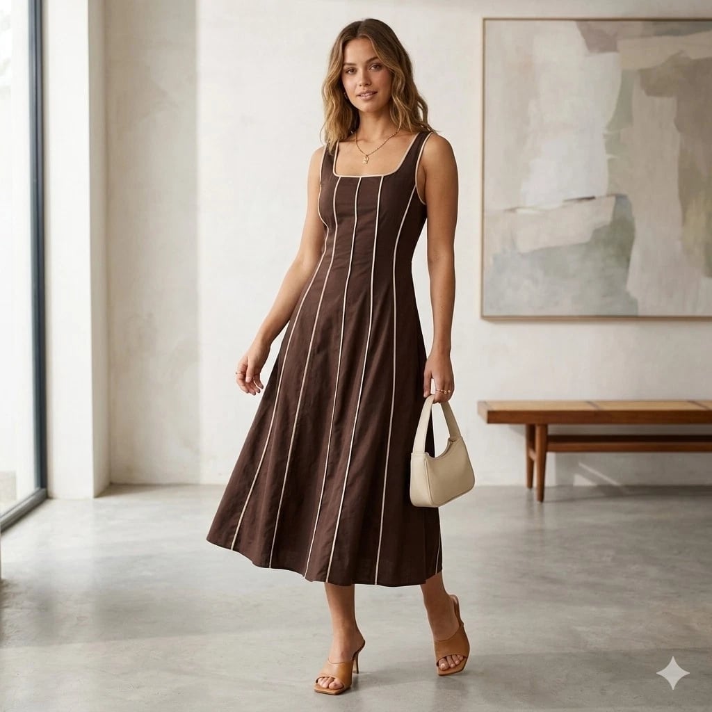 Striped Midi Dress With Square Neckline — Classy Brown Dress