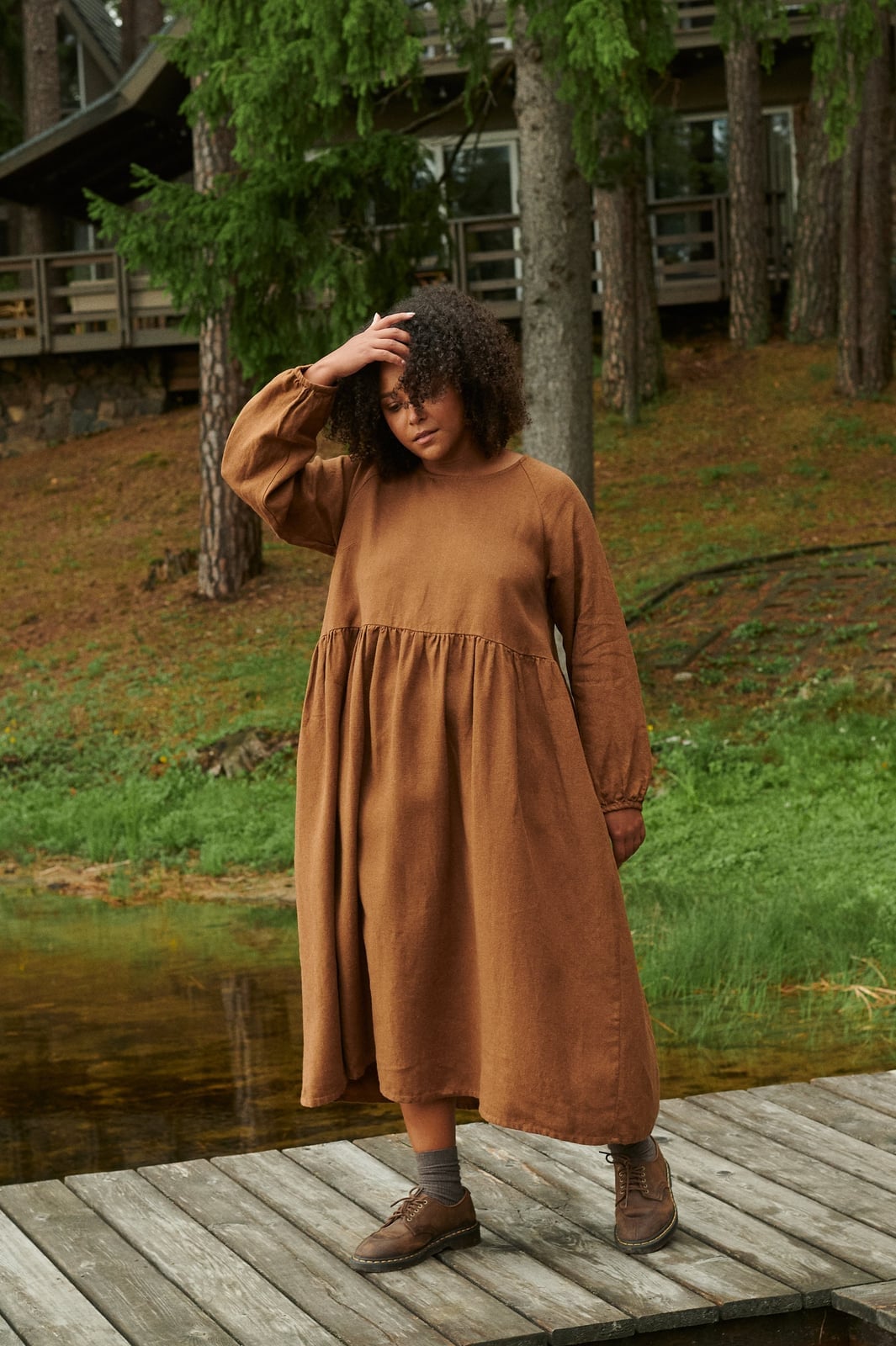 Long Sleeve Linen Midi Dress With Gathered Waist — Classy Brown Dress