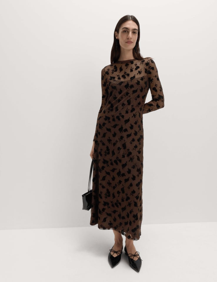 Fitted Maxi Dress With Velvet Flock Print — Classy Brown Dress