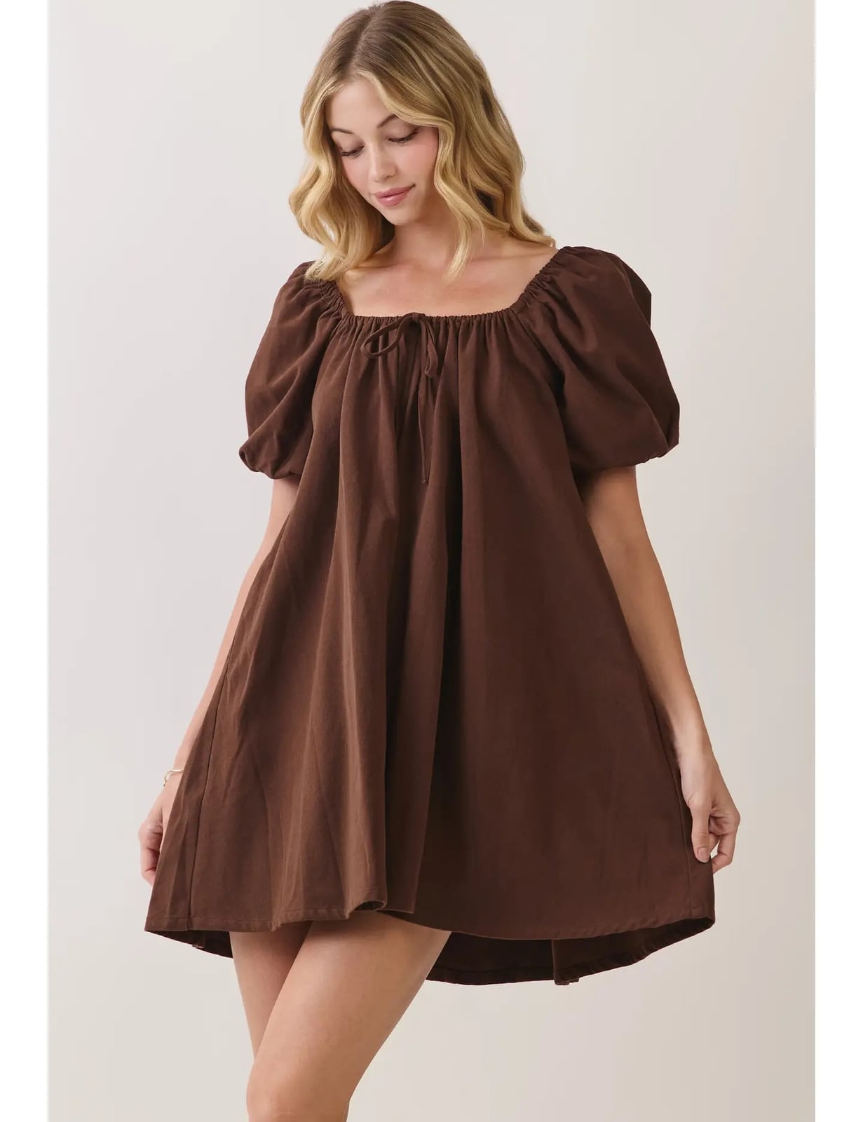 Brown Cotton Babydoll Dress With Puff Sleeves — Classy Brown Dress