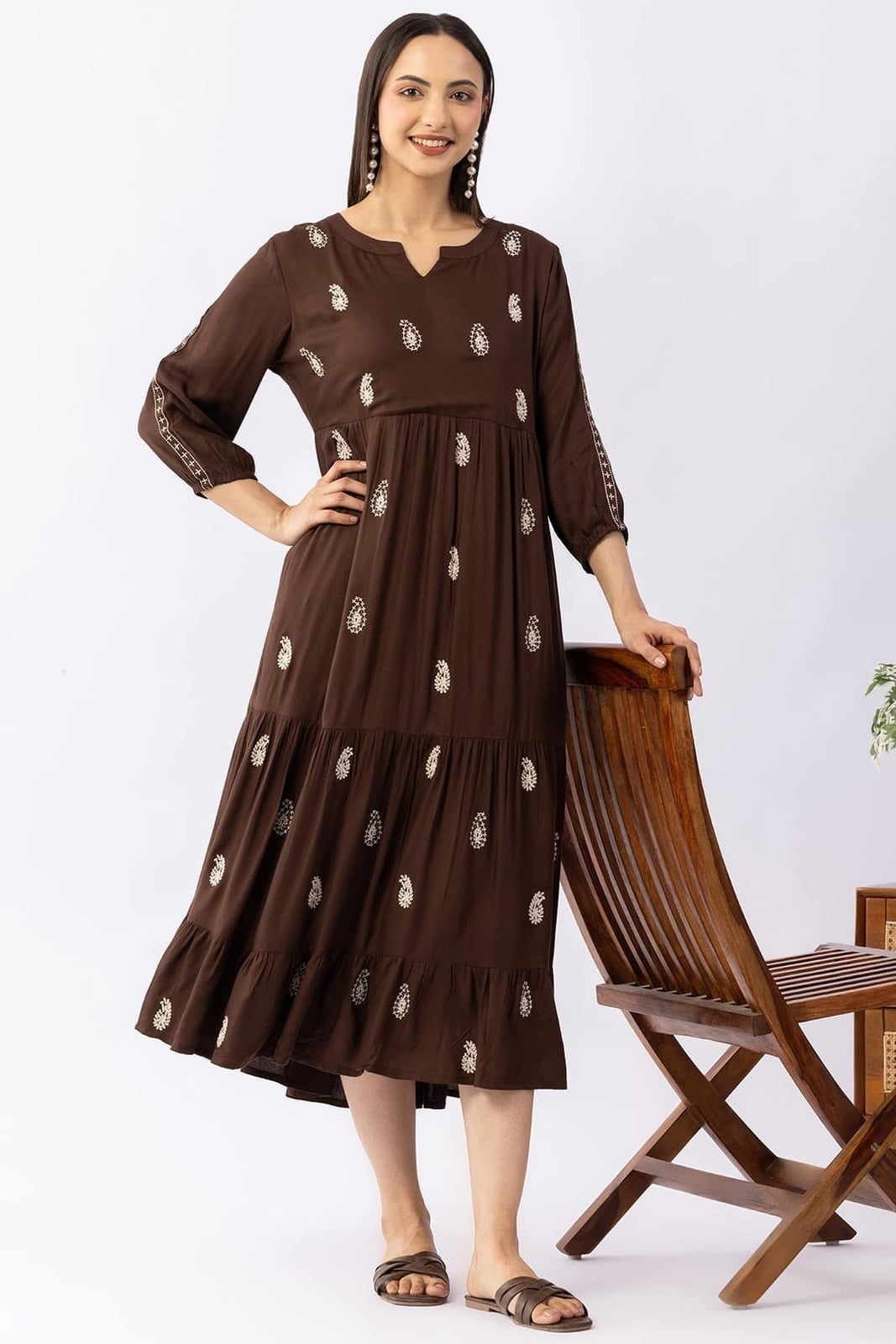 Tiered Midi Dress With Paisley Embroidery — Classy Brown Dress