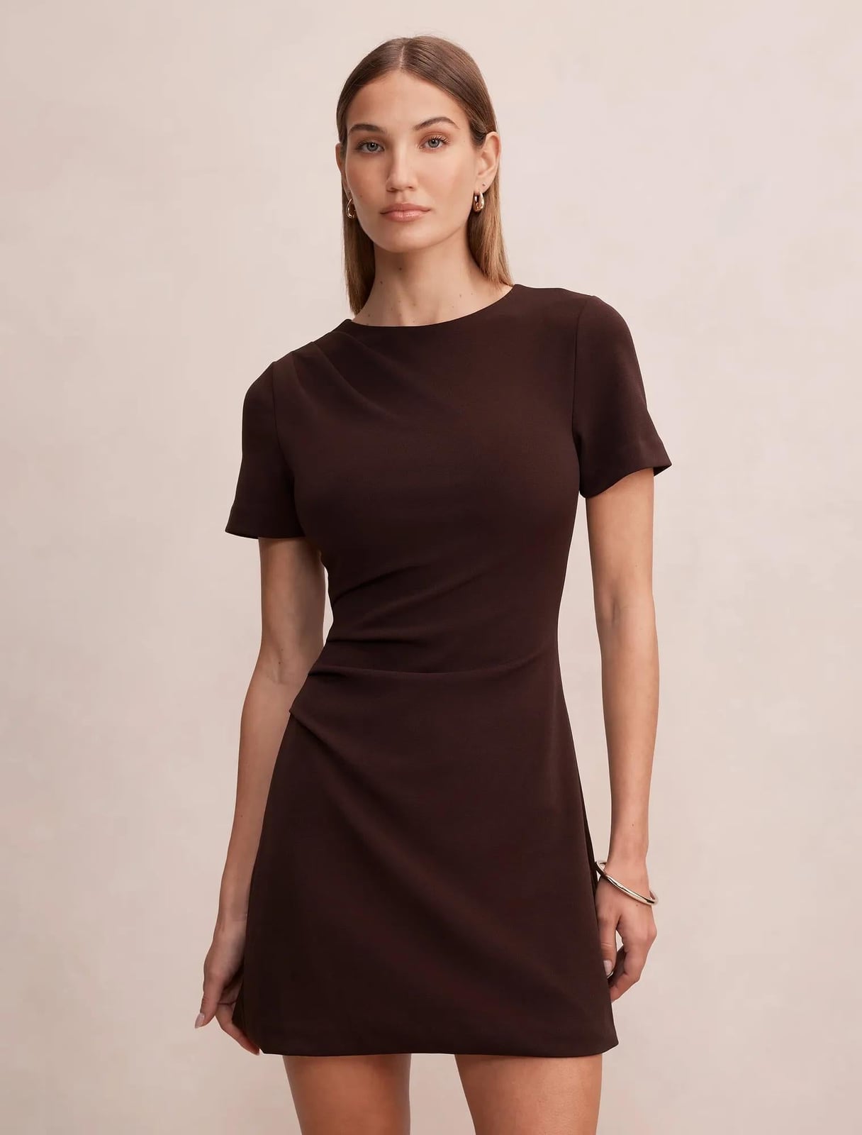 Fitted Mini Dress With Ruched Side Detail — Classy Brown Dress