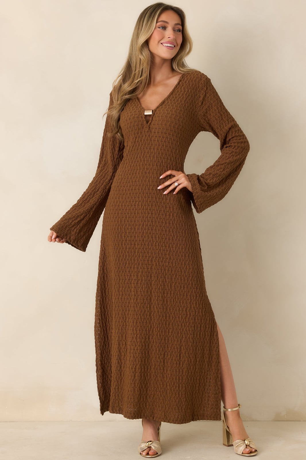 Textured Brown Maxi Dress With V-Neck and Slit — Classy Brown Dress