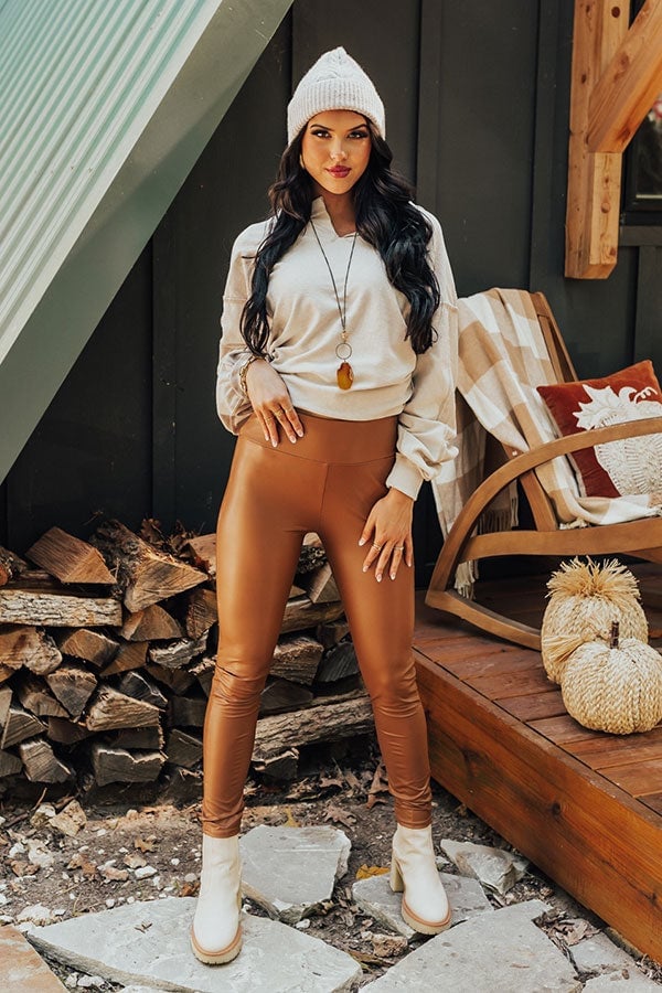 Shiny Brown Faux Leather Leggings with Beige Top — Classy Brown Leggings Outfit