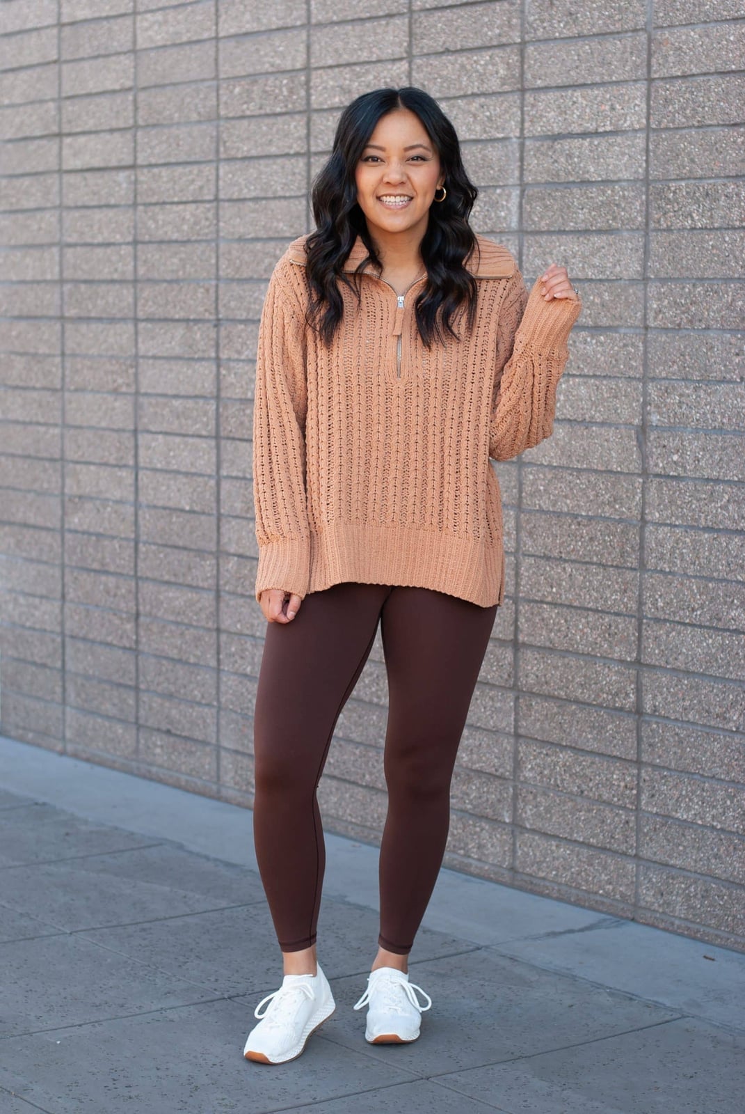 Brown Leggings with Tan Quarter-Zip Sweater — Classy Brown Leggings Outfit