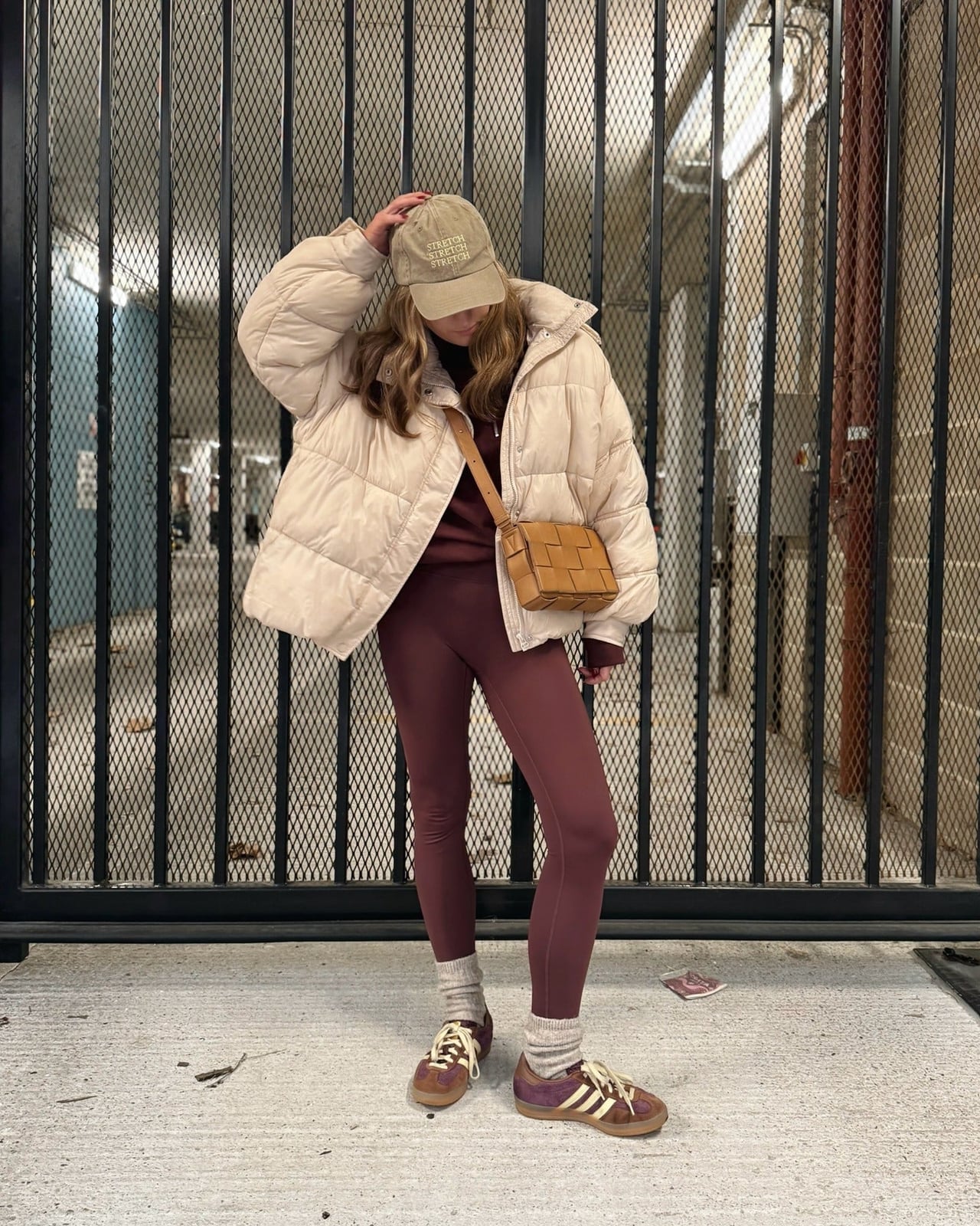 Burgundy Leggings with Beige Puffer Jacket — Classy Brown Leggings Outfit