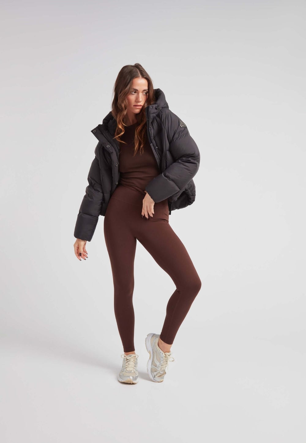 Brown Leggings with Black Cropped Puffer Jacket — Classy Brown Leggings Outfit