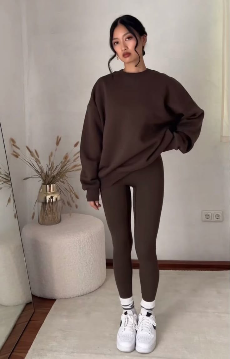 Dark Brown Oversized Sweatshirt and Leggings — Classy Brown Leggings Outfit
