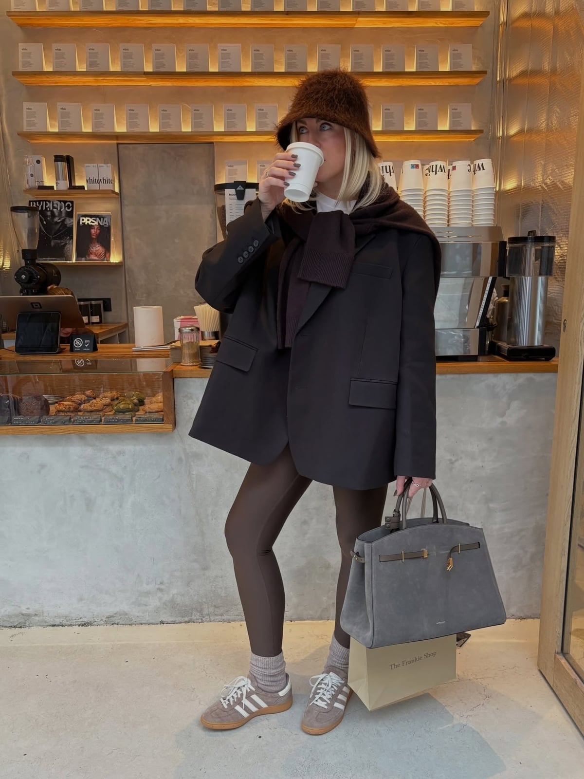 Brown Leggings with Dark Blazer and Scarf — Classy Brown Leggings Outfit