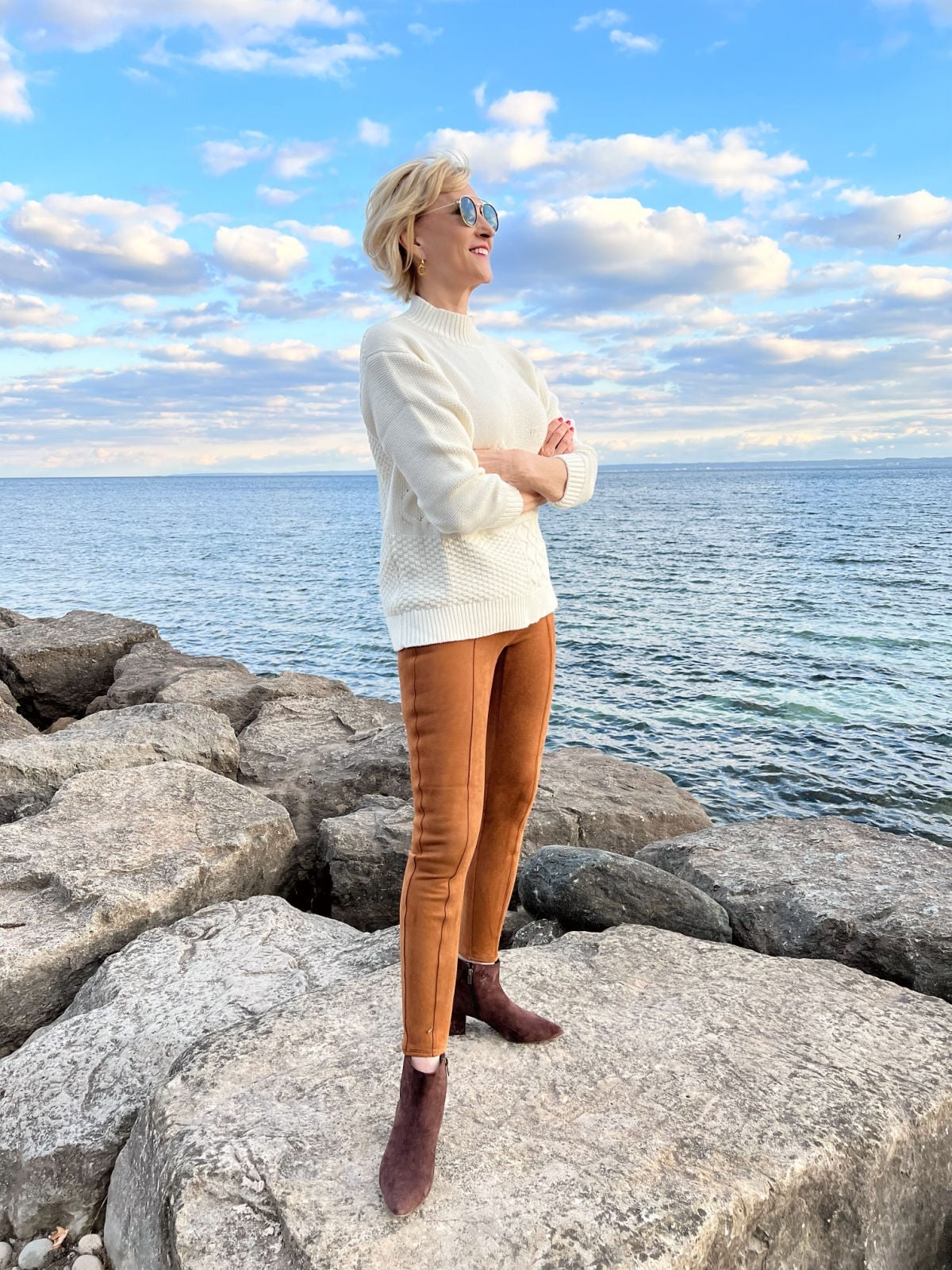 Brown Faux Suede Leggings with Cable Knit Sweater — Classy Brown Leggings Outfit