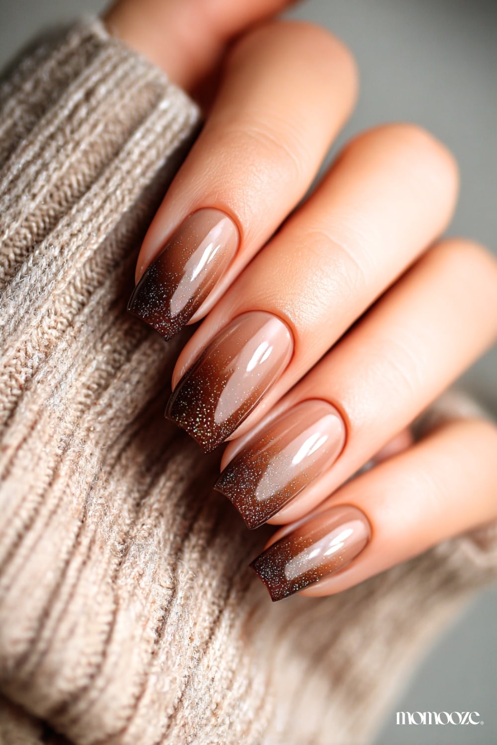 Short Almond Nude To Dark Brown Glitter Ombre — Classy Brown Ombre Nails