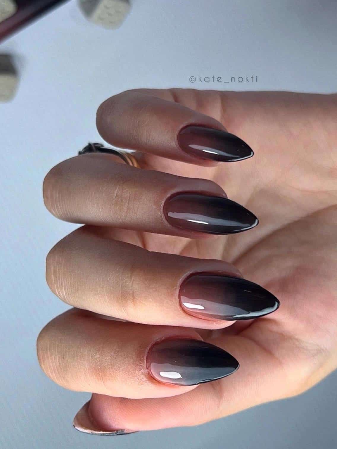 Short Almond Shimmer Brown Ombre With White Line — Classy Brown Ombre Nails