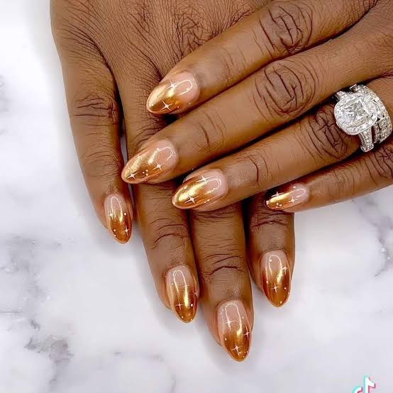 Medium Almond Metallic Golden Brown Ombre With White Lines — Classy Brown Ombre Nails