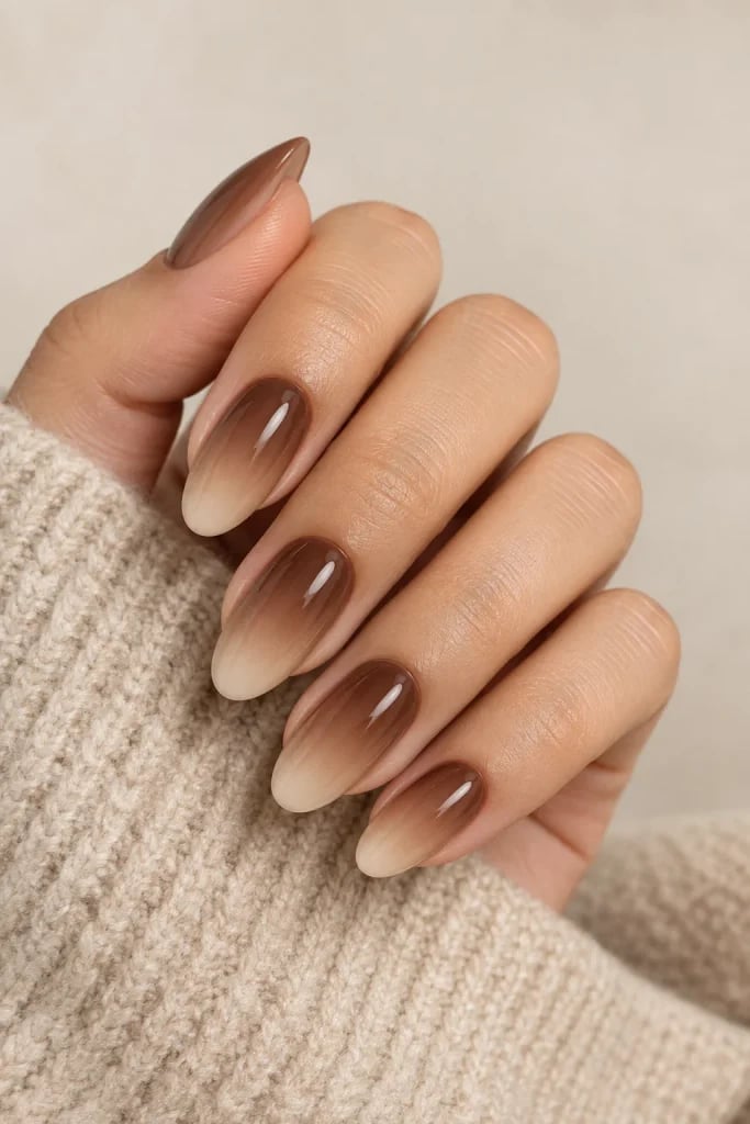 Medium Oval Dark Brown To Beige Ombre — Classy Brown Ombre Nails