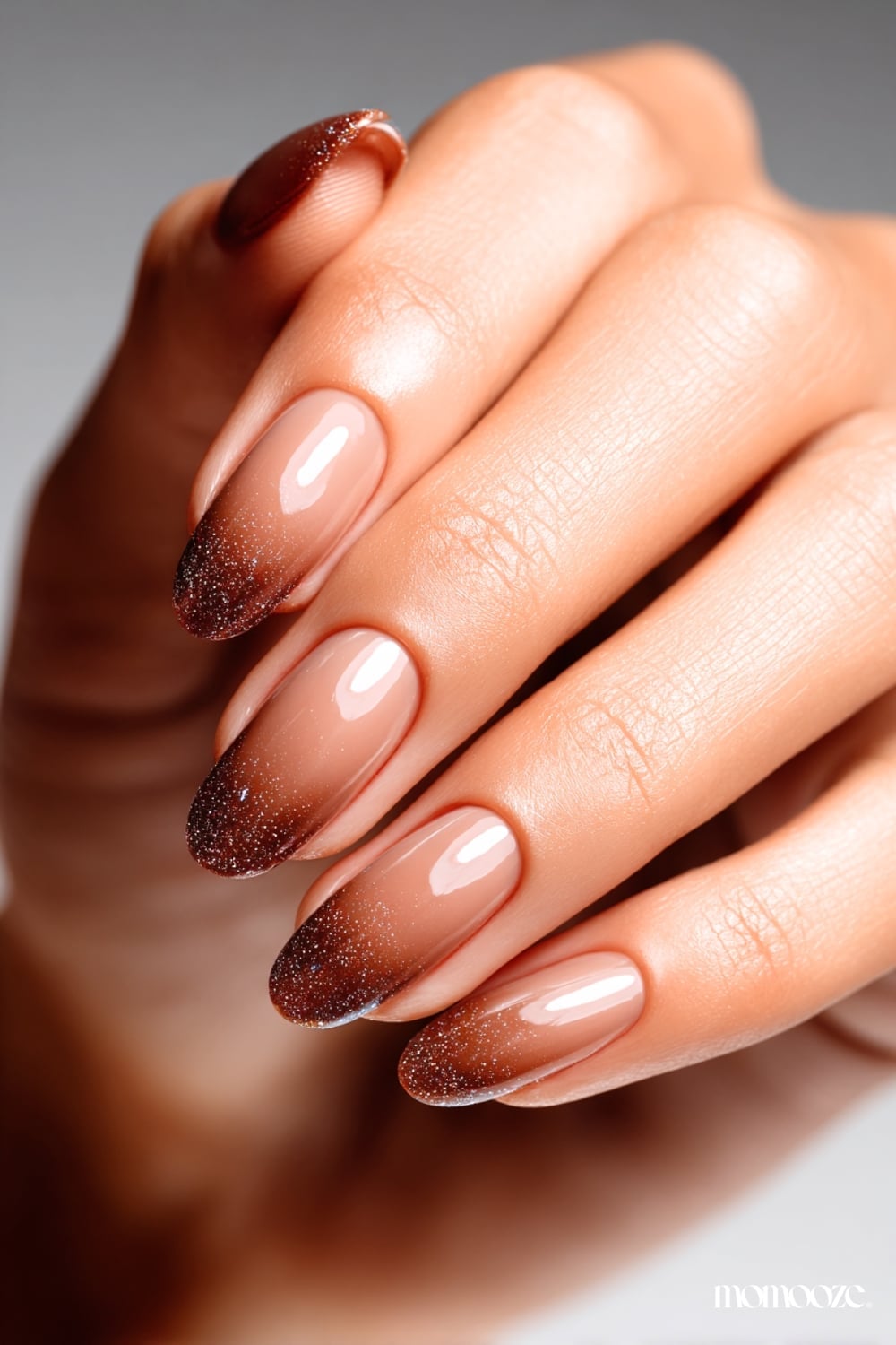Almond Nude Brown Ombre With Glitter Tips — Classy Brown Ombre Nails
