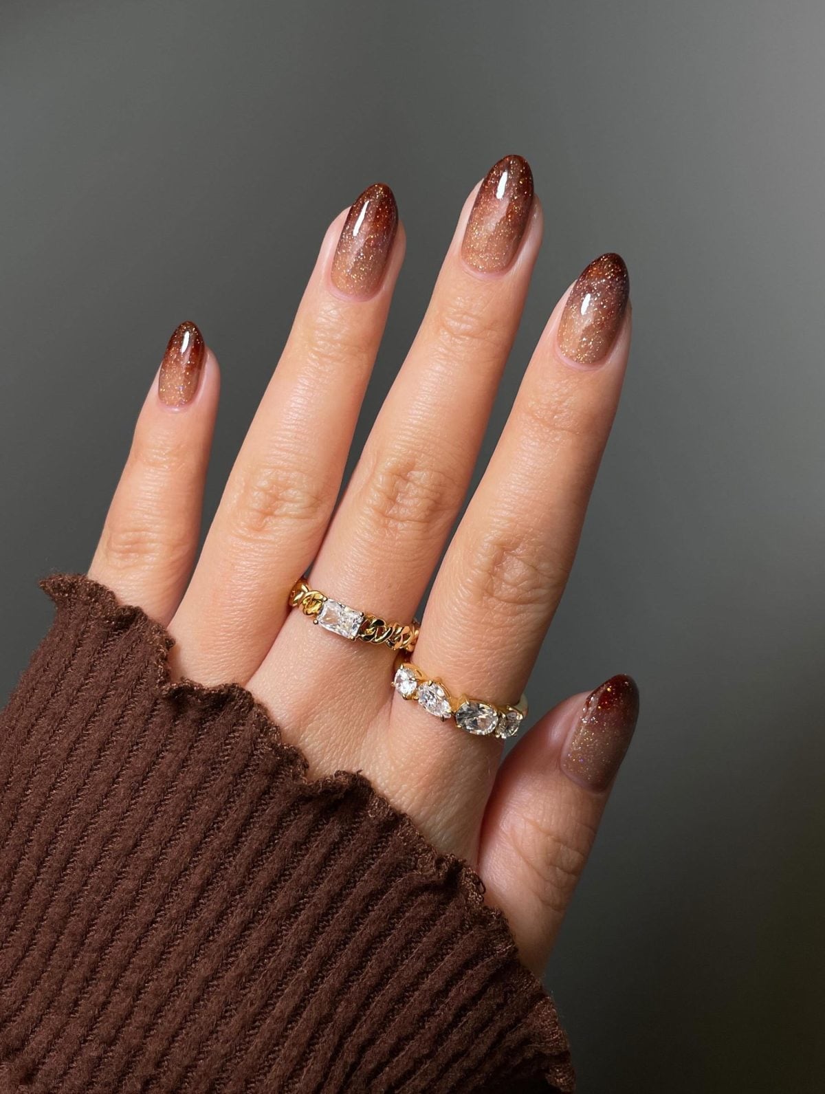 Medium Almond Shimmer Glitter Ombre — Classy Brown Ombre Nails