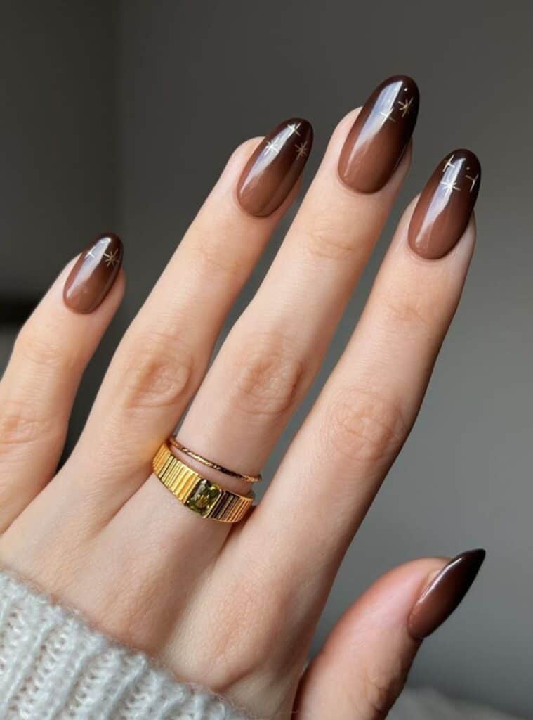 Medium Almond Ombre With Star Accents — Classy Brown Ombre Nails
