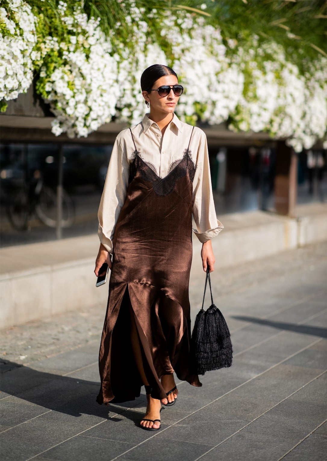 Brown Satin Slip Dress Over Cream Blouse Brown Satin Slip Dress Over Cream Blouse — Classy Brown Outfits