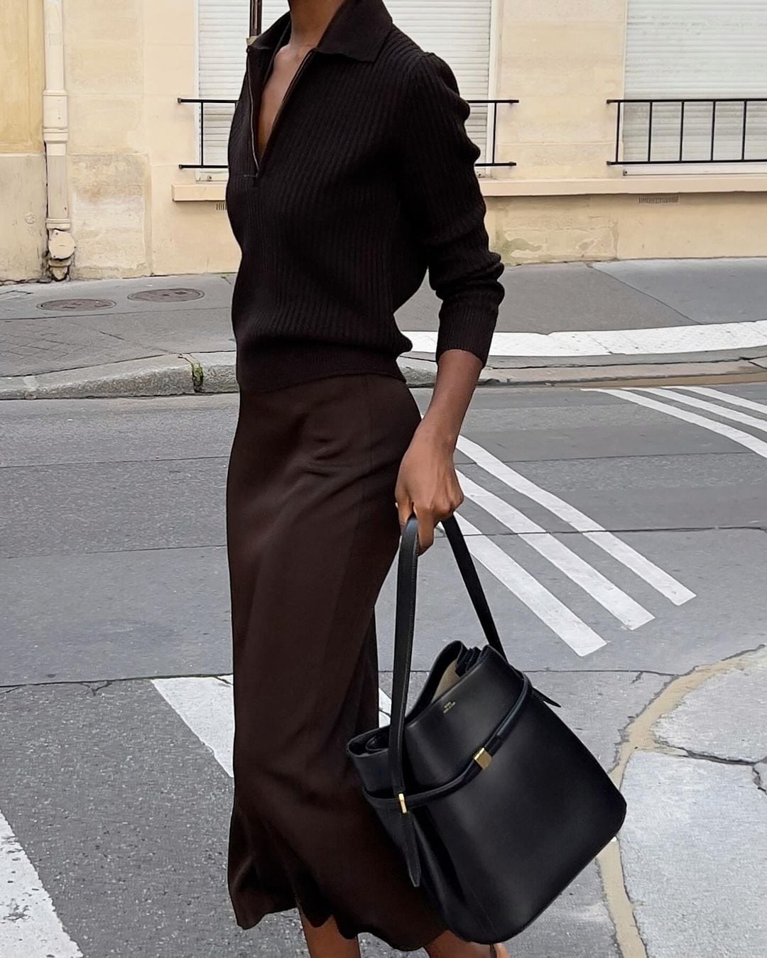 Dark Brown Ribbed Knit Sweater and Satin Midi Skirt Dark Brown Ribbed Knit Sweater and Satin Midi Skirt — Classy Brown Outfits